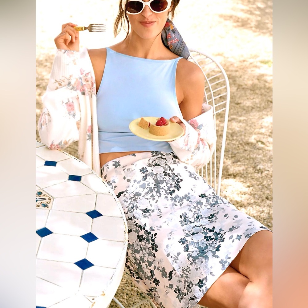 Anthropologie THE TILDA KNEE-LENGTH SLIP SKIRT: LINEN EDITION Floral Blue NWT